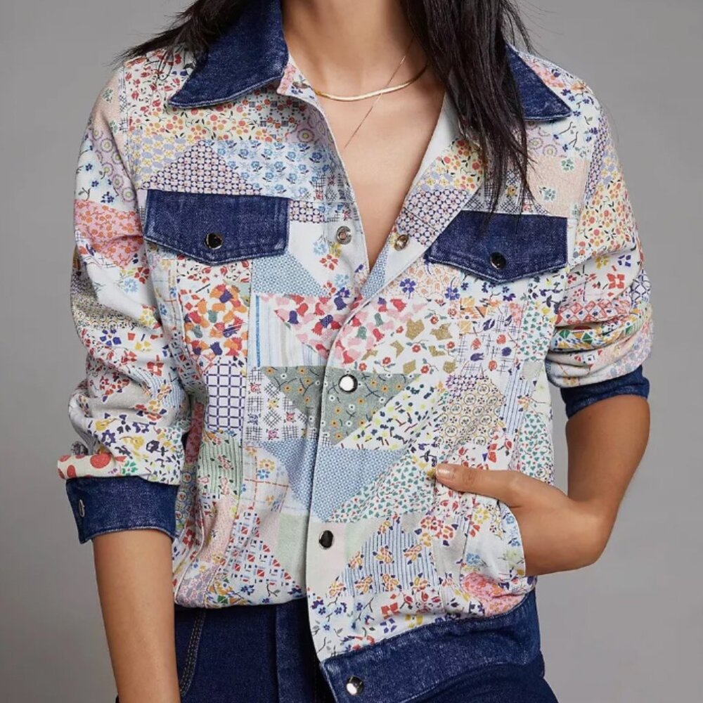 Carleen Floral Blue Motif Denim Trucker Jacket 4 pockets